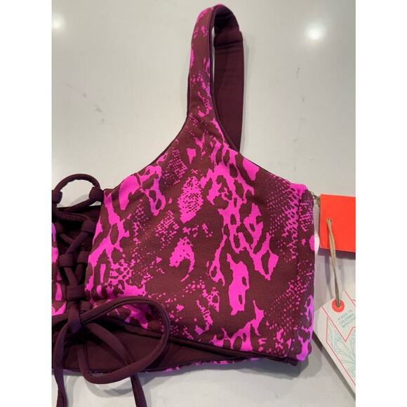 Maaji Size Medium Reversible Burgundy Animal Print Lace Up Swim Top - Picture 5 of 11